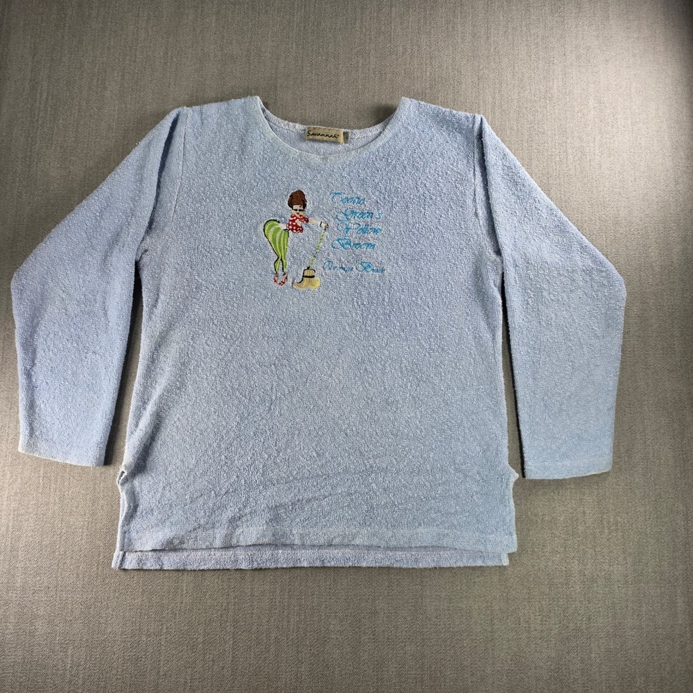 Savannah Terry Cloth Sweatshirt Womens Medium Blue Vintage Graphic Made In USA